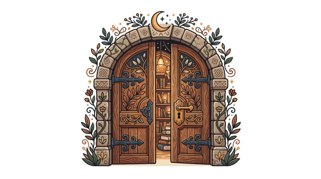Enchanted Library Doorway: Open Wooden Gate with Books, Moon, and Floral Arch