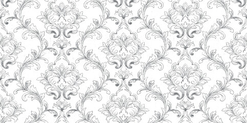 Obraz premium Seamless Vintage Damask Floral Pattern with Elegant Baroque Ornament and Decorative Leaf Swirl Wallpaper Vector Design for Fabric Textile and Classic Decor Texture