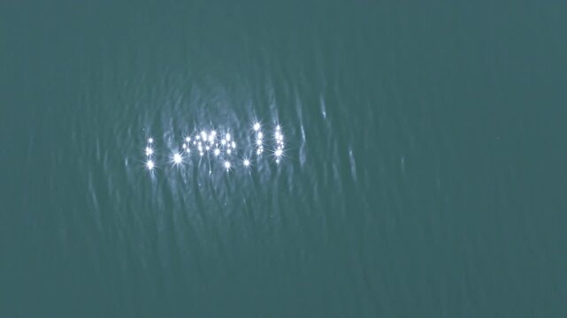 Close aerial view of bright sunlight sparkling and reflecting on the surface of calm green water