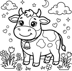 Obraz premium Coloring page cartoon cow standing in a field with flowers and clouds