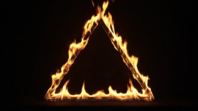 Flaming triangle symbol burning on a black background.