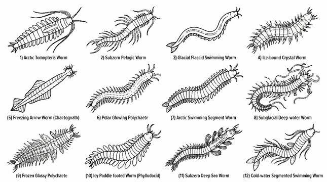Vintage scientific illustration of various marine polychaete worms and segmented aquatic creatures.