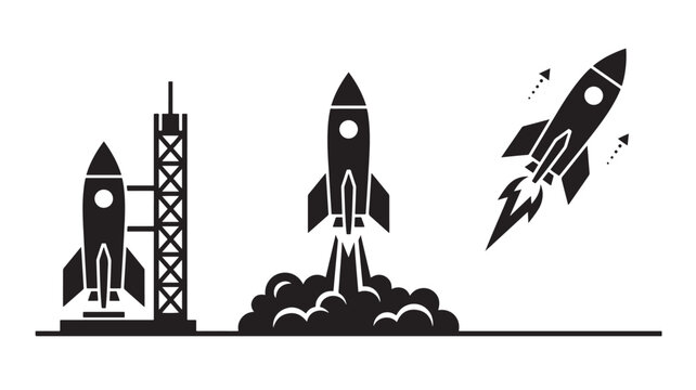 Rockets Launching From a Launchpad with a Tower and One Rocket in Flight Featuring Space, Launch, Takeoff with Space Exploration and Vector Elements