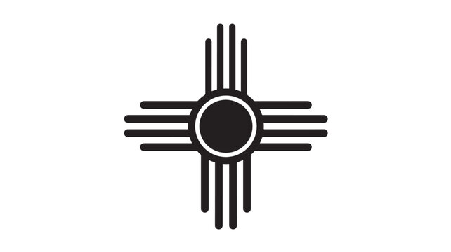 Zia Sun Symbol with Four Rays Extending Outward, Featuring a Central Circle and Stylized Lines Featuring Black and White, Line Art, Minimalist