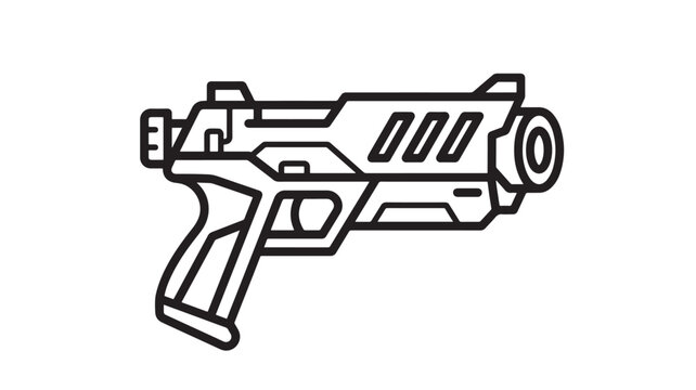 Gun with Futuristic Design and Detailed Mechanical Elements Featuring Weapon, Sci Fi, Illustration with Black and White Elements for Outline, Modern