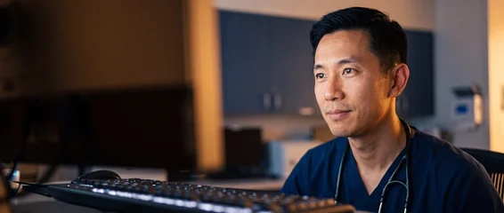 Asian male doctor working computer at clinic desk at night, professional healthcare practitioner in blue scrubs with stethoscope analyzing medical records on screen monitor in hospital clinic office. © Fernando