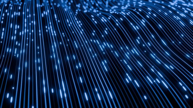 Abstract 3D digital blue lines background. Clean horizontal fiber optic wavy data tracks with glowing white pulse particles representing cloud server tech and telecom network matrix.