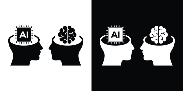 Human head with AI microchip and human brain side profile icons. Artificial intelligence versus human mind concept vector set.