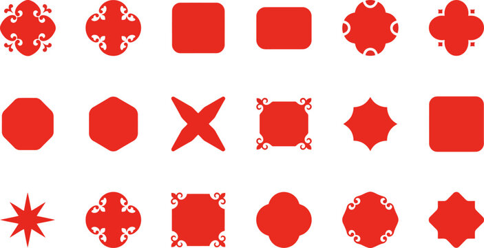 Collection of red geometric and decorative shapes with intricate floral and square motifs