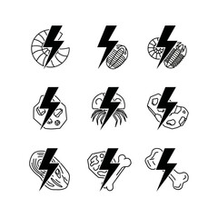 Fossil Energy Icons: Lightning Bolt with Ancient Organisms and Rocks © arif