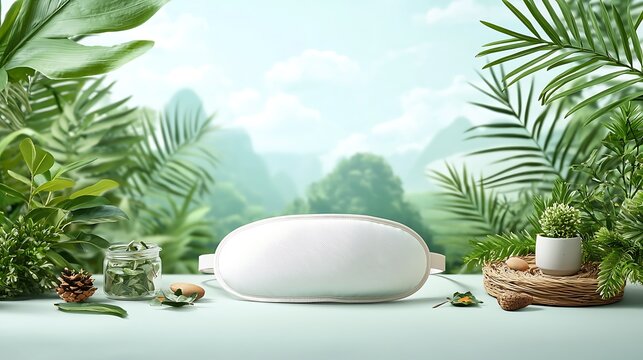 Eye mask on a light teal surface surrounded by lush greenery and nature
