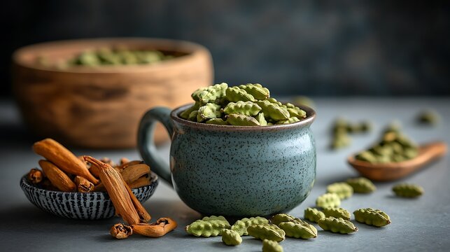 Dried green spices in a mug