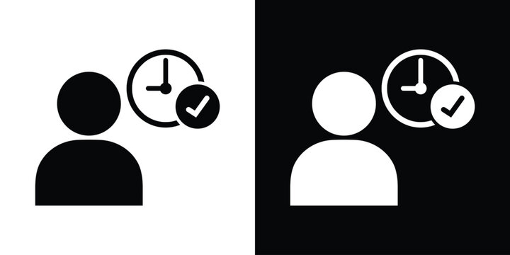 Simple person user icon with clock and checkmark check. Abstract time management, punctuality, and approved schedule symbol set.
