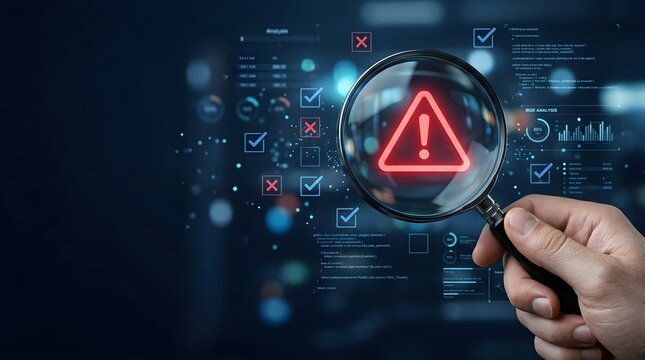 Cyber Security Risk Assessment Concept with Magnifying Glass Zooming on Digital Warning Alert Icon