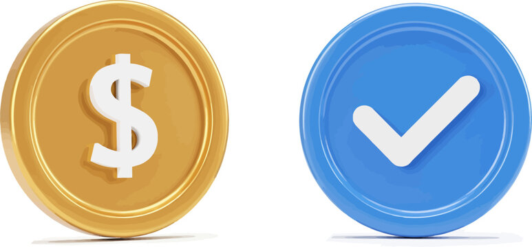 Gold Dollar Coin and Blue Verified Check Mark on White Background