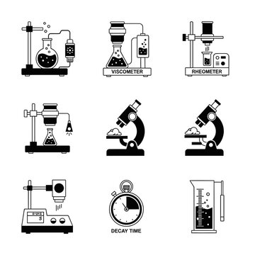 Laboratory Equipment Icons: Viscometer, Rheometer, Microscope, Beaker, Stopwatch