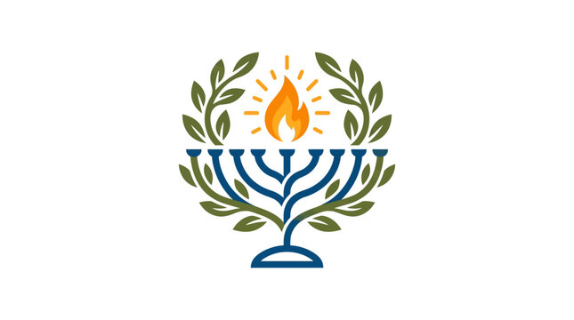 Minimalist flat design Hanukkah menorah icon with olive branches flowing from the branches on white canvas religious celebration symbol