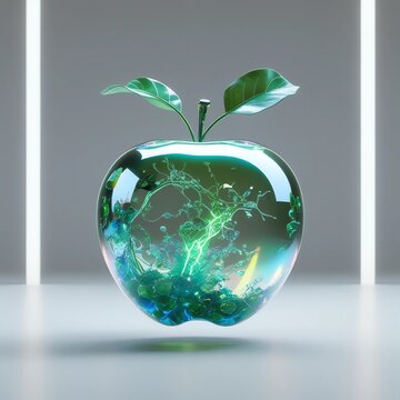 Futuristic bio-luminescent glass apple conceptapple.
Abstract iridescent glowing apple 3d illustration apple