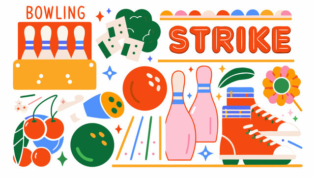 Bowling Collection Vector Illustration Featuring Pins Balls Shoes And Fruit Elements ball strike tenpin