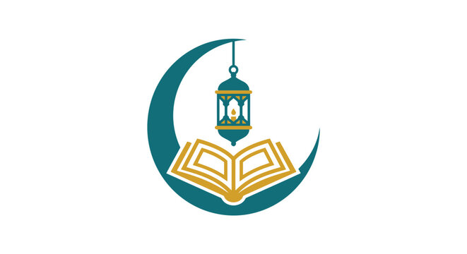 Minimalist flat design Ramadan crescent moon embracing open prayer book Islamic observance symbol single icon