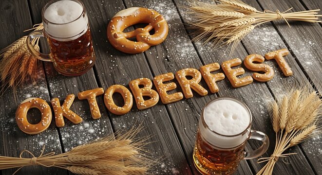 Oktoberfest celebration with pretzels, beer, and wheat on rustic wood