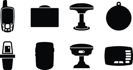 Minimalist black silhouettes of GPS and navigation equipment including handheld device, case, antennas, tag, beacon, receiver, and control panel © MstRozina