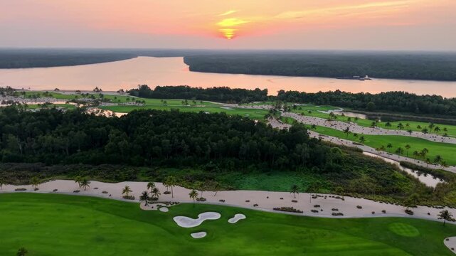 Aerial Sunset Over Forest City Golf Resort Course