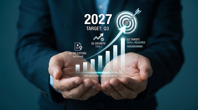 Hand holding smartphone showing 2027 q3 business growth target progress