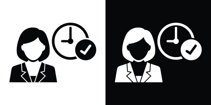 Smart casual woman avatar with a clock and checkmark. Perfect for human resources, female workforce scheduling, punctuality sign vector illustration.