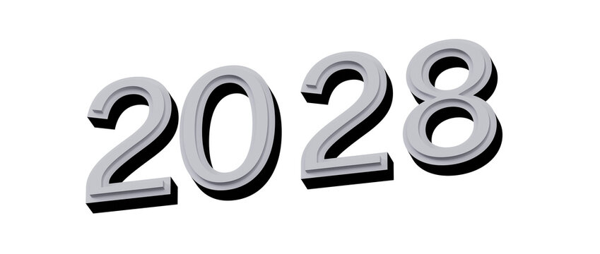 3D illustration of the year 2028 in white and grey colors with a shadow. Ideal for calend