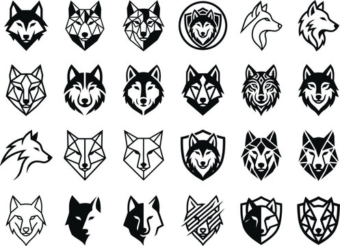 Collection of various wolf head logos and icons in black and white