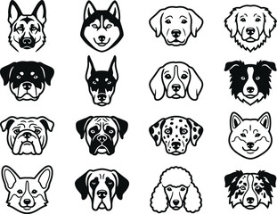 Fototapeta premium Collection of various dog breeds in black and white line art
