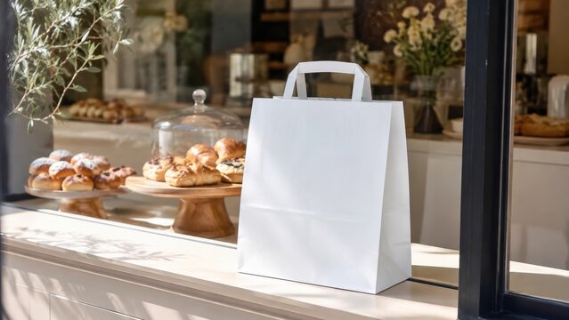 blank white paper shopping bag standing on sunlit bakery counter beside fresh pastries and croissants in cozy cafe window display, concept of bakery, cafe, food delivery