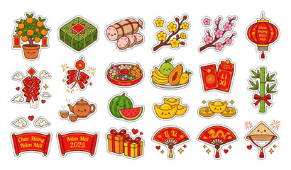 Vietnamese Lunar New Year Tet Sticker Collection with Traditional Holiday Elements Vector Illustration © MdHares
