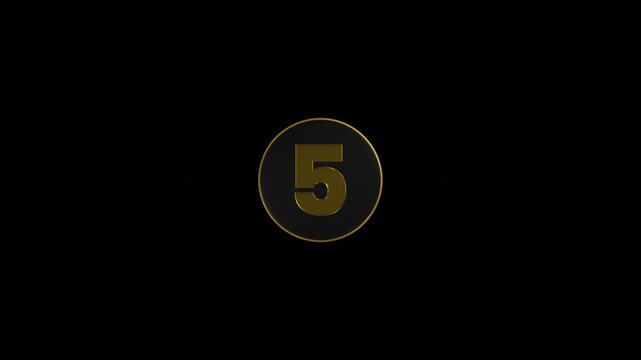 Premium 3D countdown timer from 10 to 0 with golden numbers on black button rotating 360 degrees. Luxury volume clock asset on transparent background alpha channel. Seamless transition flip animation.