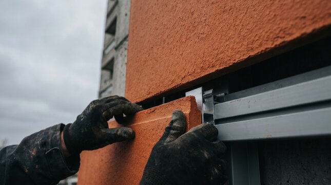 Close-up of a construction worker in protective gloves installing an orange terracotta facade panel onto a building with a metal frame. 