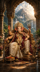 Obraz premium Lord Ganesha seated on majestic temple throne before Mount Kailash divine Ganpati sacred Himalayan landscape Hindu mythology spiritual blessing artistic Ganesha artwork