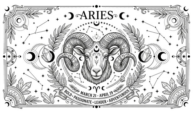 Modern Aries Zodiac Witchcraft Card with Hand Drawn Ram Head and Mystical Astrology Vector Illustration