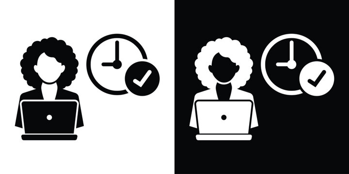 Businesswoman working on laptop with clock and checkmark. Concept of timely delivery, freelance efficiency, online task management vector icon.