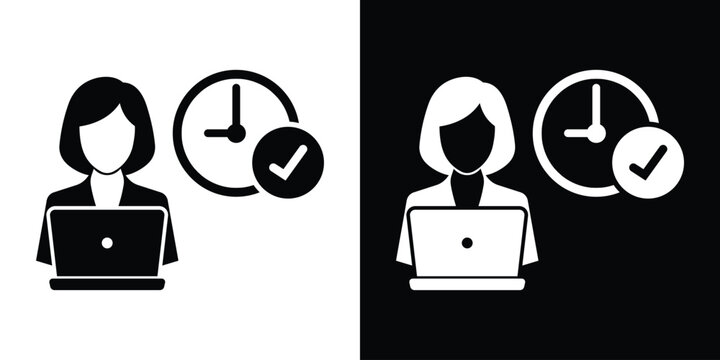 Businesswoman working on laptop with clock and checkmark. Concept of timely delivery, freelance efficiency, online task management vector icon.