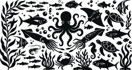 Black silhouette of ocean creatures and seaweed © Tonmoy Hasan