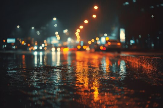 Blurred city lights reflected on wet asphalt during nighttime rain, creating cinematic urban street scene atmosphere, capturing vibrant city life and moody high-quality photography.