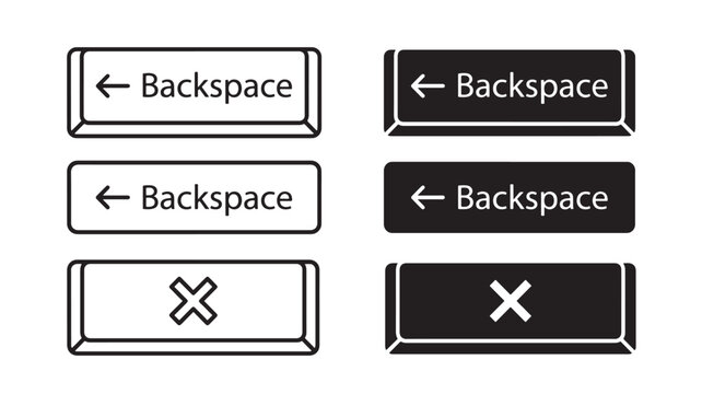 Backspace Icon Buttons with Arrow and X Symbols on Light and Dark Ui Panels for Software Navigation and Editing