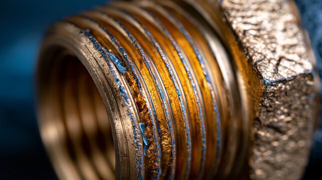 Brass pipe fitting threaded section magnified to reveal NPT taper thread form, dezincification-resistant alloy surface showing machined thread crest and root geometry, PTFE tape fragment caught in t