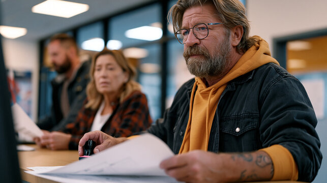 Building permit office clerk stamping rejected renovation application while frustrated homeowner across counter holds architectural drawings, municipal office interior, sterile fluorescent governmen
