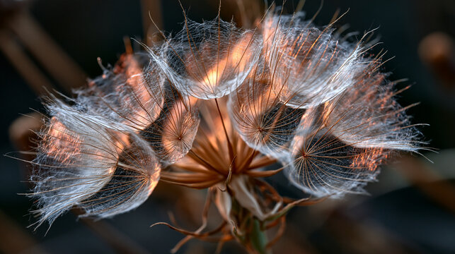 Cirsium vulgare seed head backlit by golden radian light, individual achene pappus filaments glowing translucent against deep field, thistledown dispersal macro, wind pollination ecology visual for 
