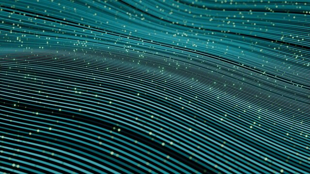 Abstract 3D digital aqua lines background. Clean horizontal fiber optic wavy data tracks with glowing micro pulse particles representing cloud server tech and telecom network matrix.