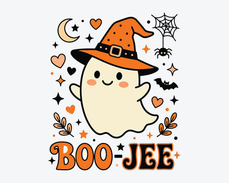 Halloween ghost boo jee cartoon character with witch hat and spooky decorations