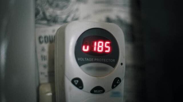 Macro shot of a voltage protector red digital display showing an unsafe low current. The numbers fluctuate before the device cuts off to protect household appliances.