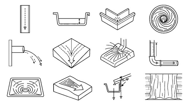 Technical line art icons showing various water drainage systems and gutter installation methods for residential buildings.